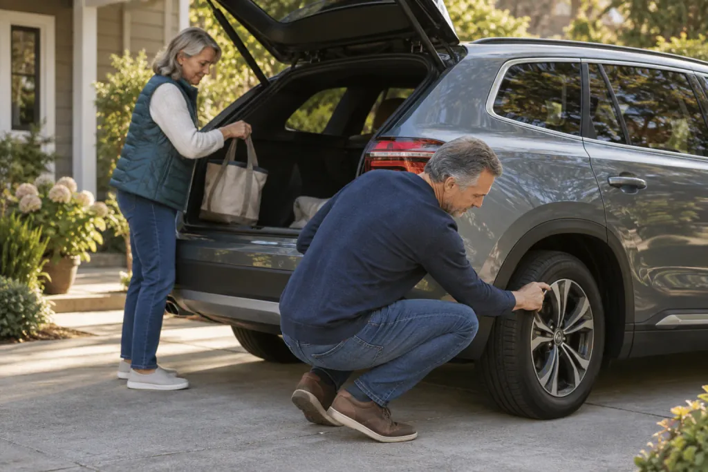 A man checks a car tire in a driveway while a woman loads groceries into the back of the car