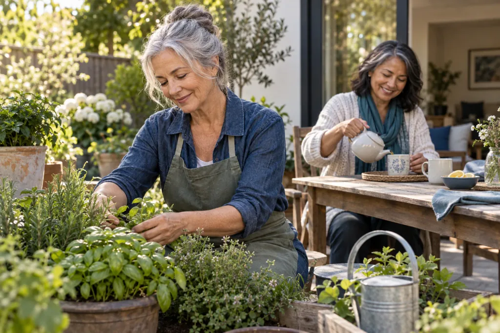 A woman tends potted herbs on a sunny terrace while a friend pours tea at the table behind her