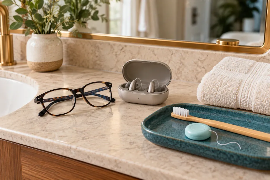 Reading glasses, a hearing aid case and a toothbrush arranged on a bathroom counter