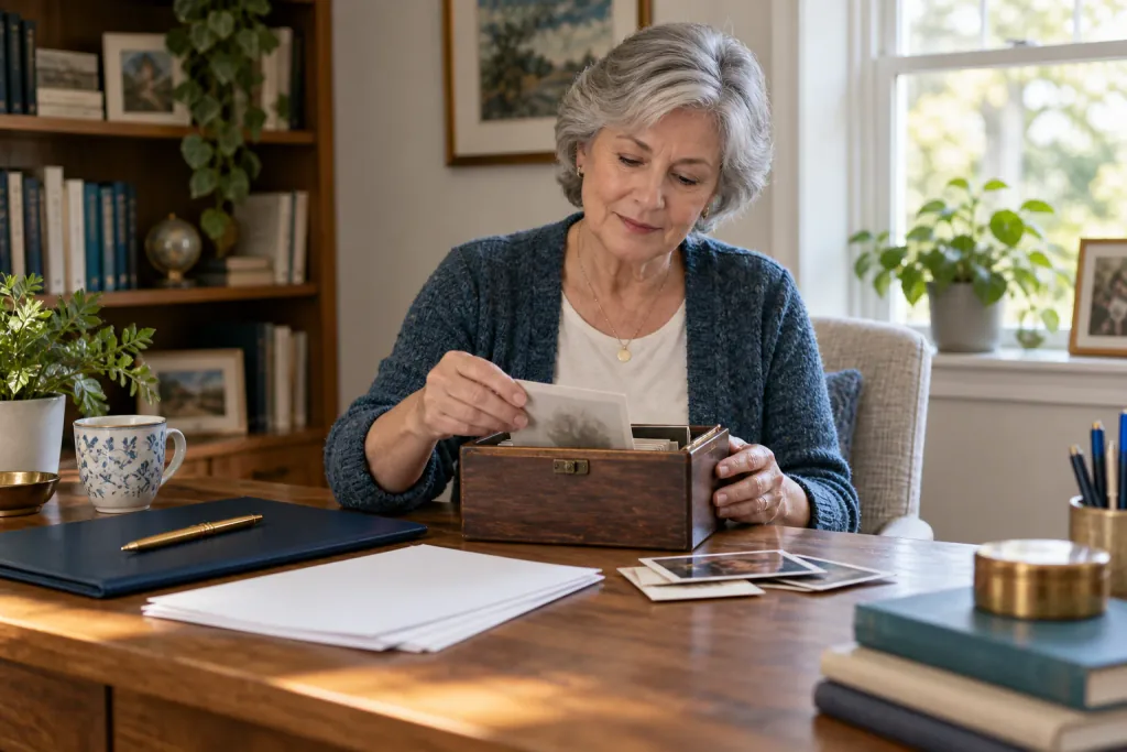 A woman sorts papers from a wooden keepsake box at a tidy desk