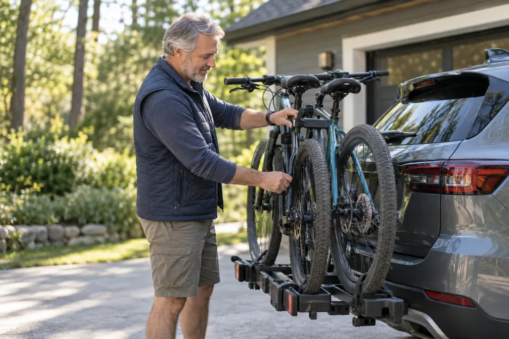 A man loads bikes onto a rack on the back of his car in the driveway