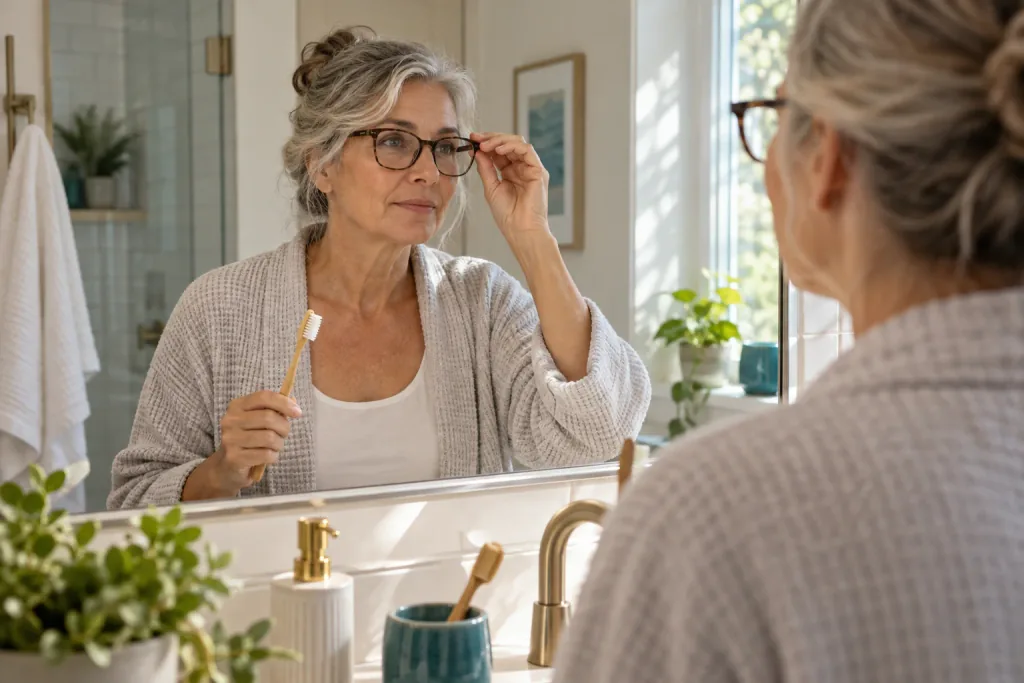 A woman adjusts her glasses in a bathroom mirror while holding a toothbrush