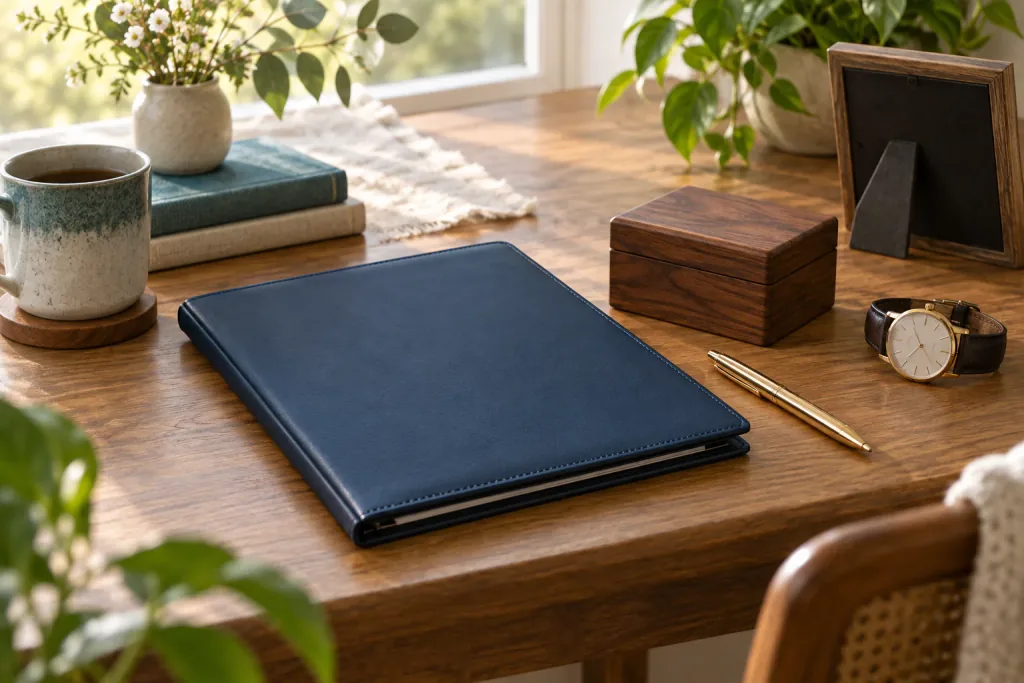 A navy folder, a pen and a watch laid out on a wooden desk