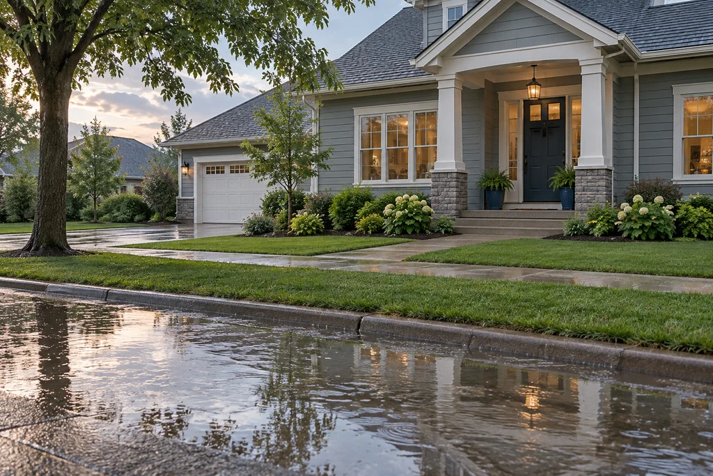 A suburban home after rain with shallow water pooled along the curb