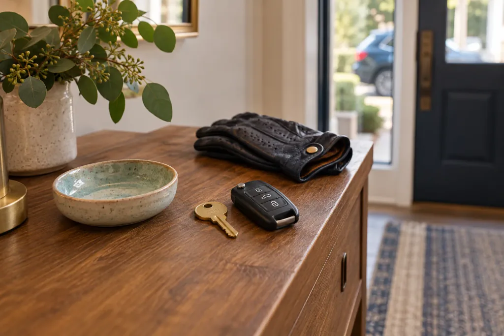 Car keys and gloves resting on an entryway table beside a bowl and a plant