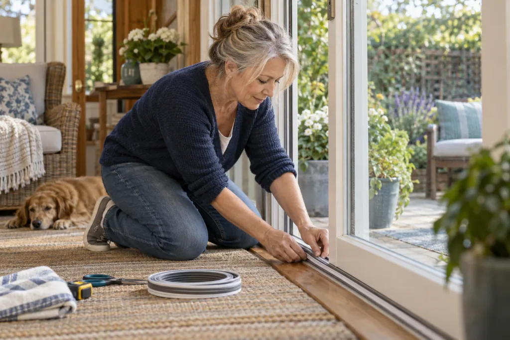 A woman checks the seal along a sliding door at home while her dog rests nearby