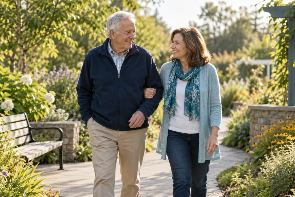 An older couple walks arm in arm along a garden path
