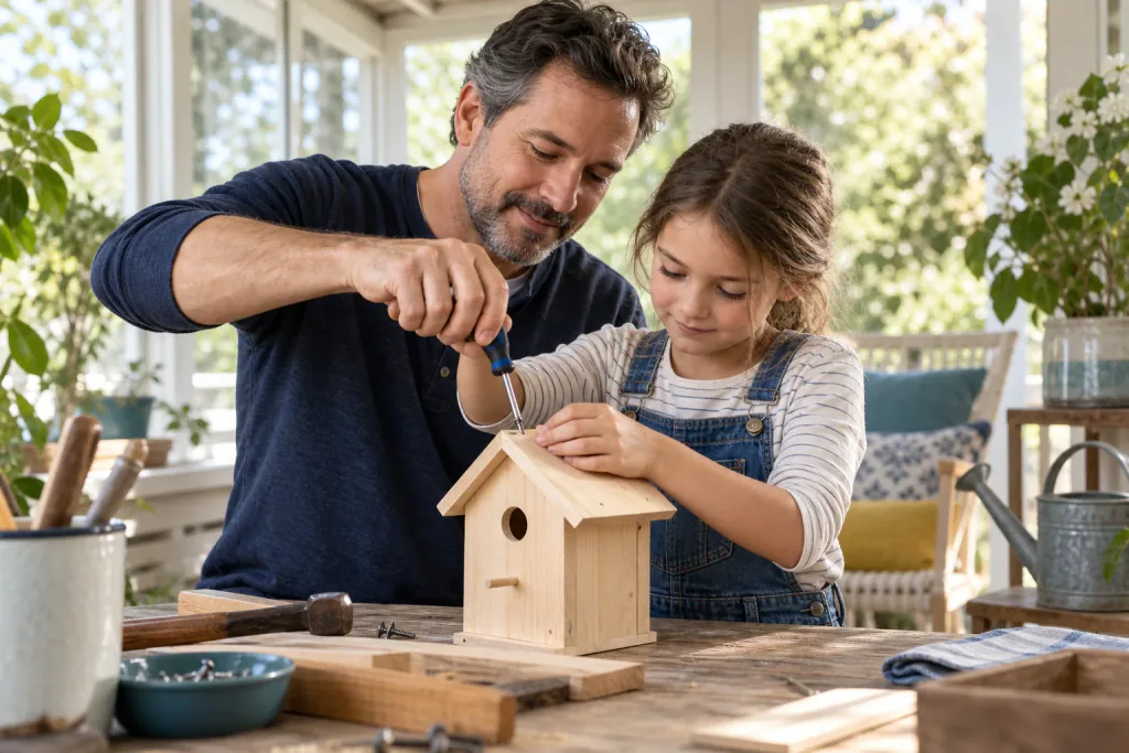 A father and daughter build a wooden birdhouse together on a porch