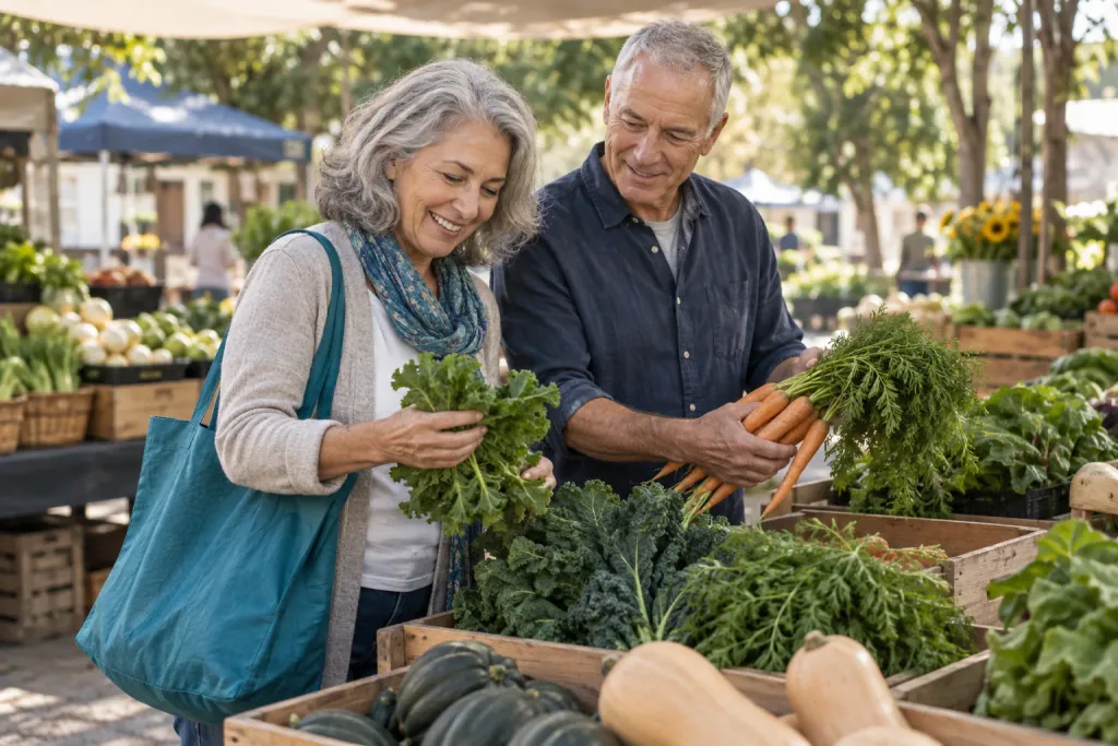 An older couple chooses fresh vegetables at an outdoor market