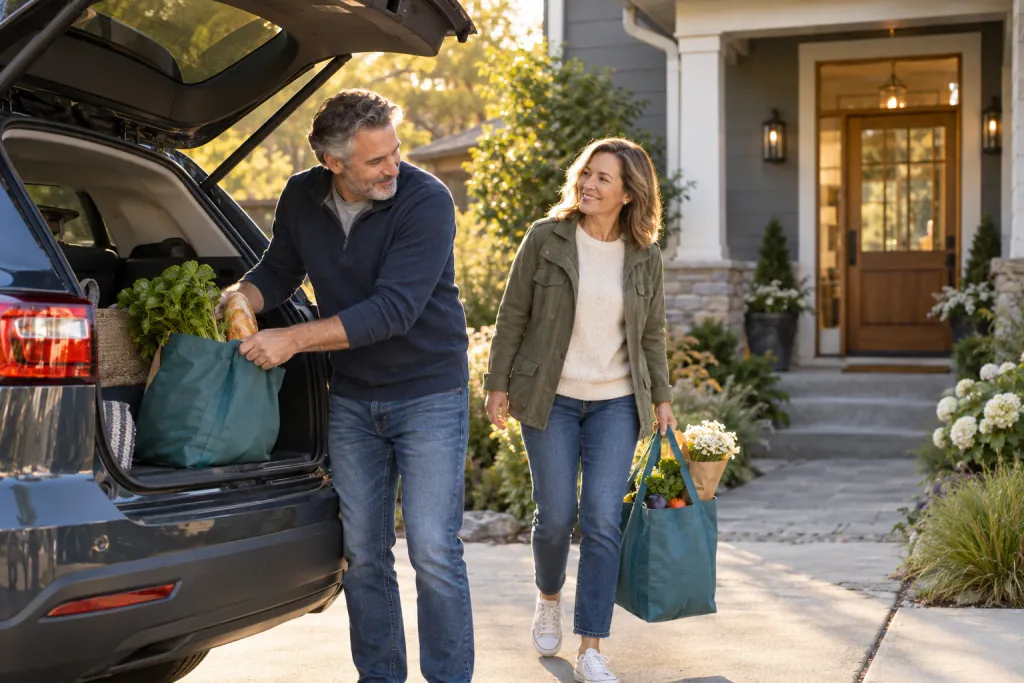 A couple unloads shopping bags from their car in front of their home
