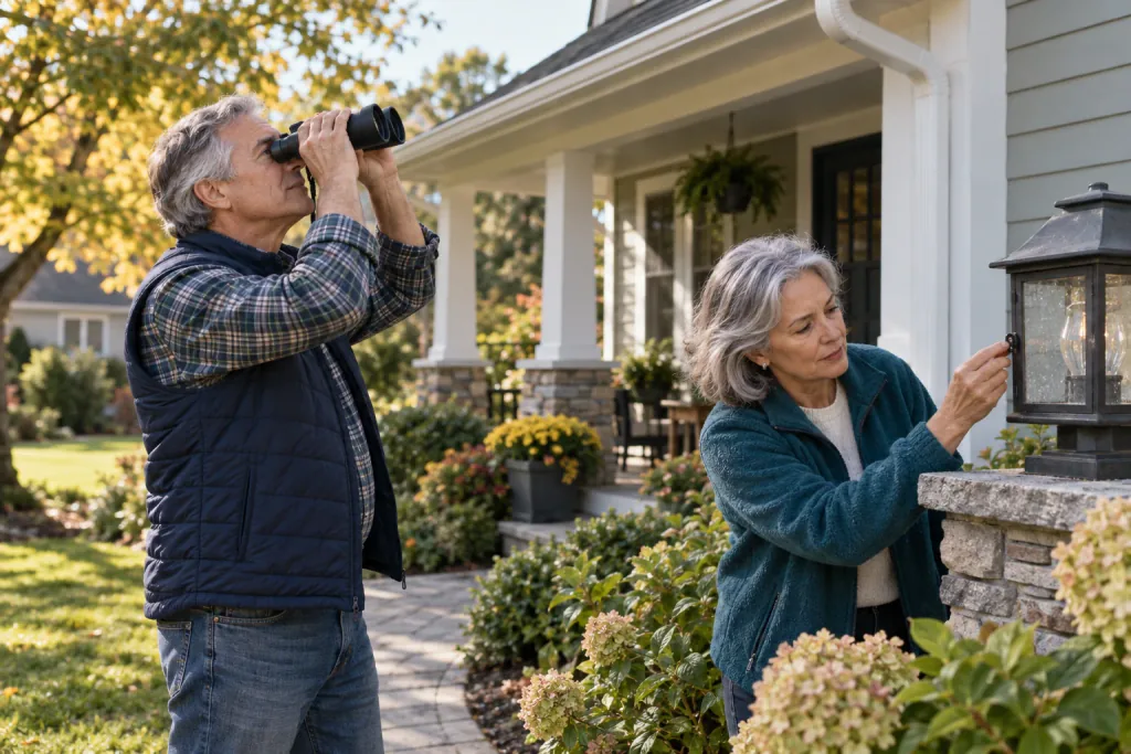 An older couple outside their home, one looking through binoculars while the other checks a porch light