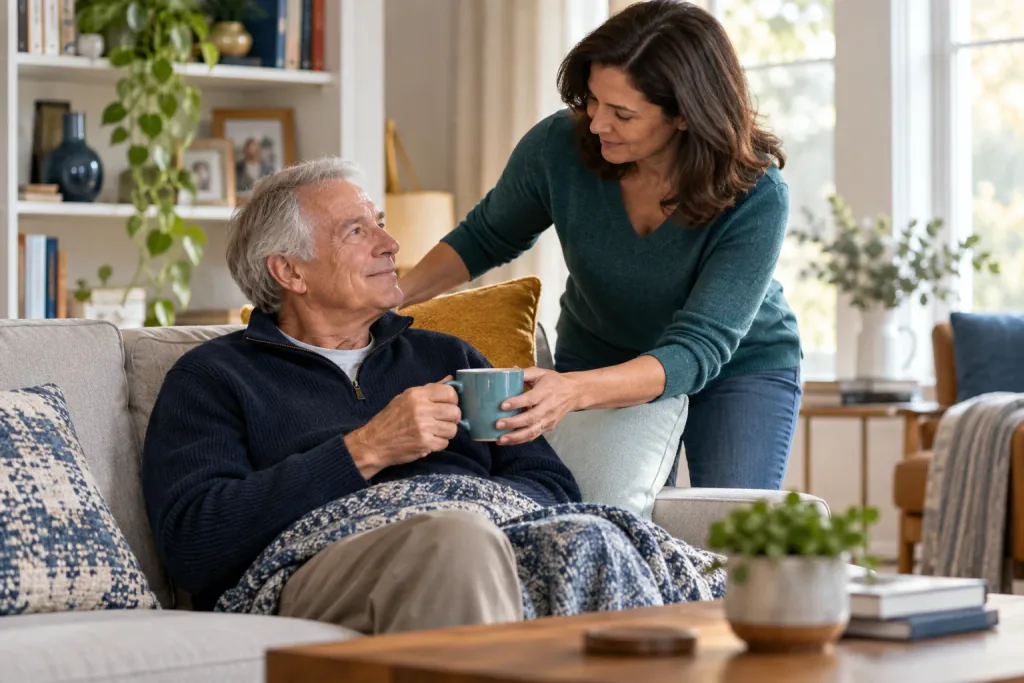 An older man rests on a sofa under a blanket while a woman hands him a warm drink