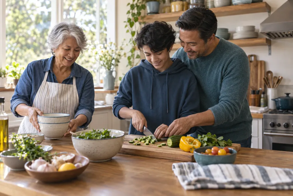 Three generations prepare vegetables together at a sunny kitchen table